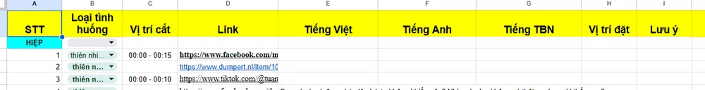 Bố cục Google Sheet dùng cho tool cắt video hàng loạt AutoMomentPro